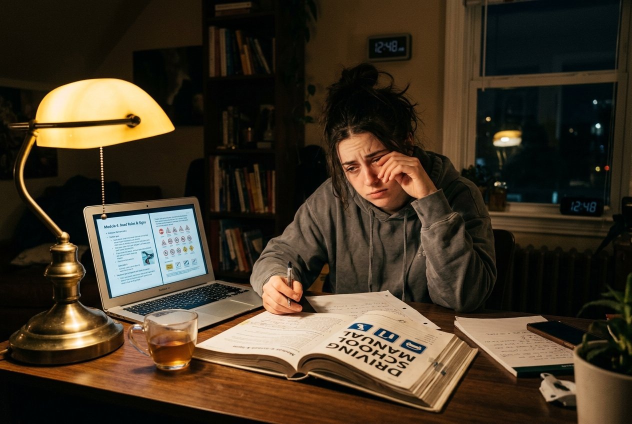 Jovem estudando de madrugada com a apostila do CFC aberta na mesa